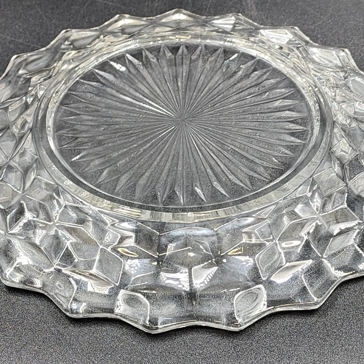 2 Fostoria American Clear Dinner Plates 9.5" Cubist Design Pressed Glass Vintage