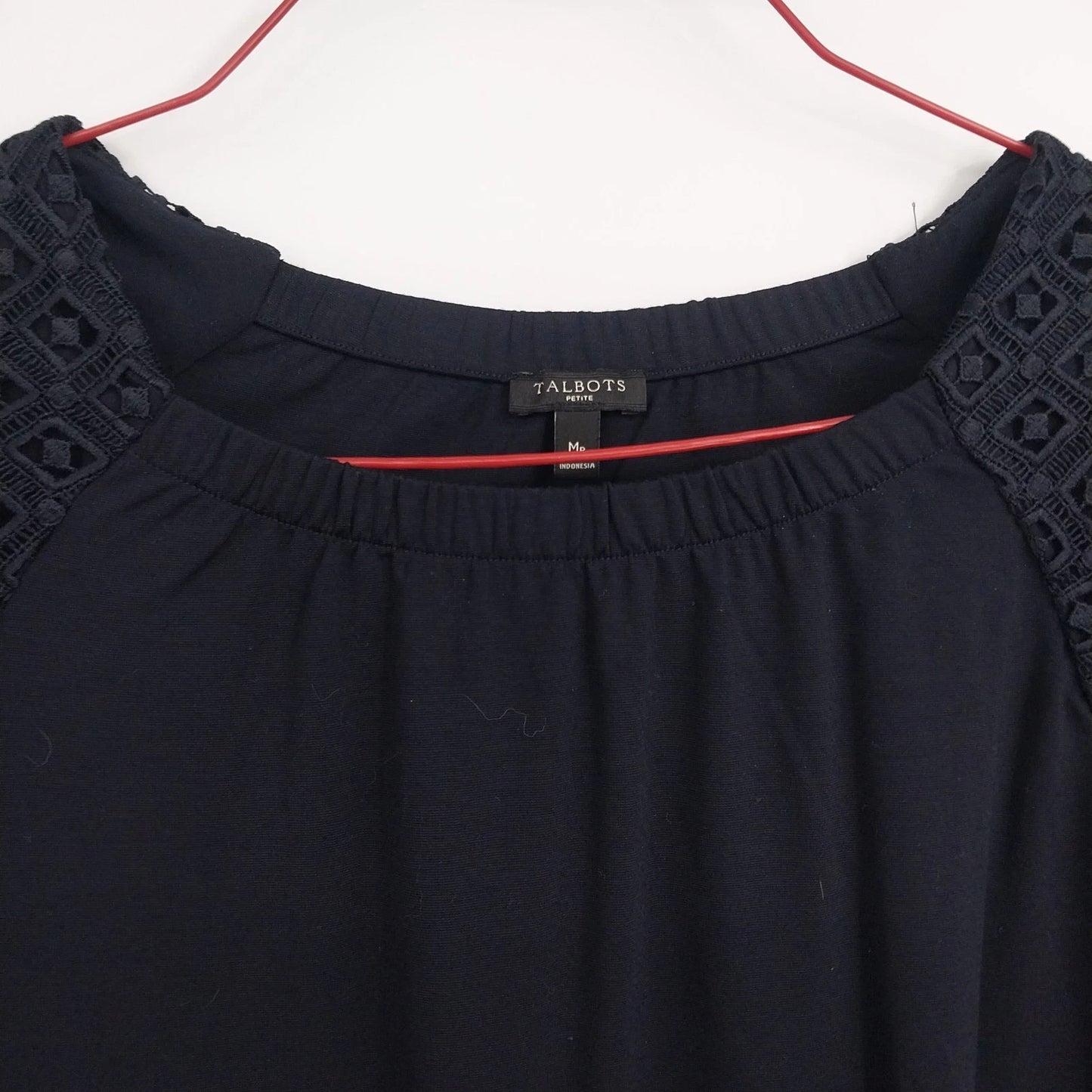 Talbots Petite Navy Blue Lace Sleeve Blouse Women MP 3/4 Sleeve Crochet Knit Top