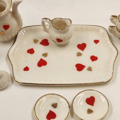 10pcs Miniature Tea Set White Red Heart Chintz Decal Gold Trim 4.5"x3" Taiwan