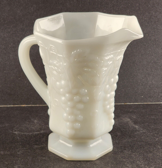 Anchor Hocking Milk Glass White Pitcher Grape Leaf Pattern Octagon Base 6.5" H