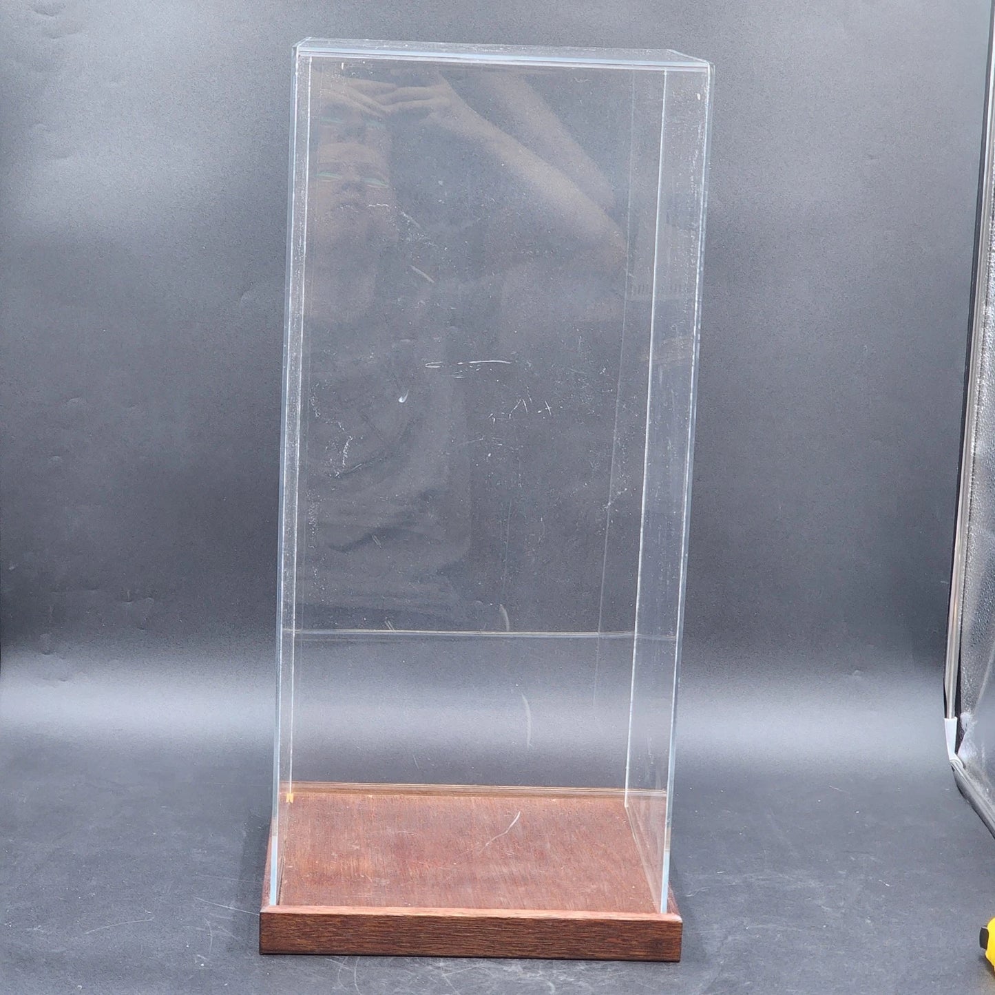Clear Acrylic Display Case 10x10x23" Display Box with Wood Base Collectible USED