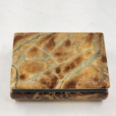 Genuine Brown Alabaster Hand Carved Jewelry Trinket Box Hinged Italian 5.25"