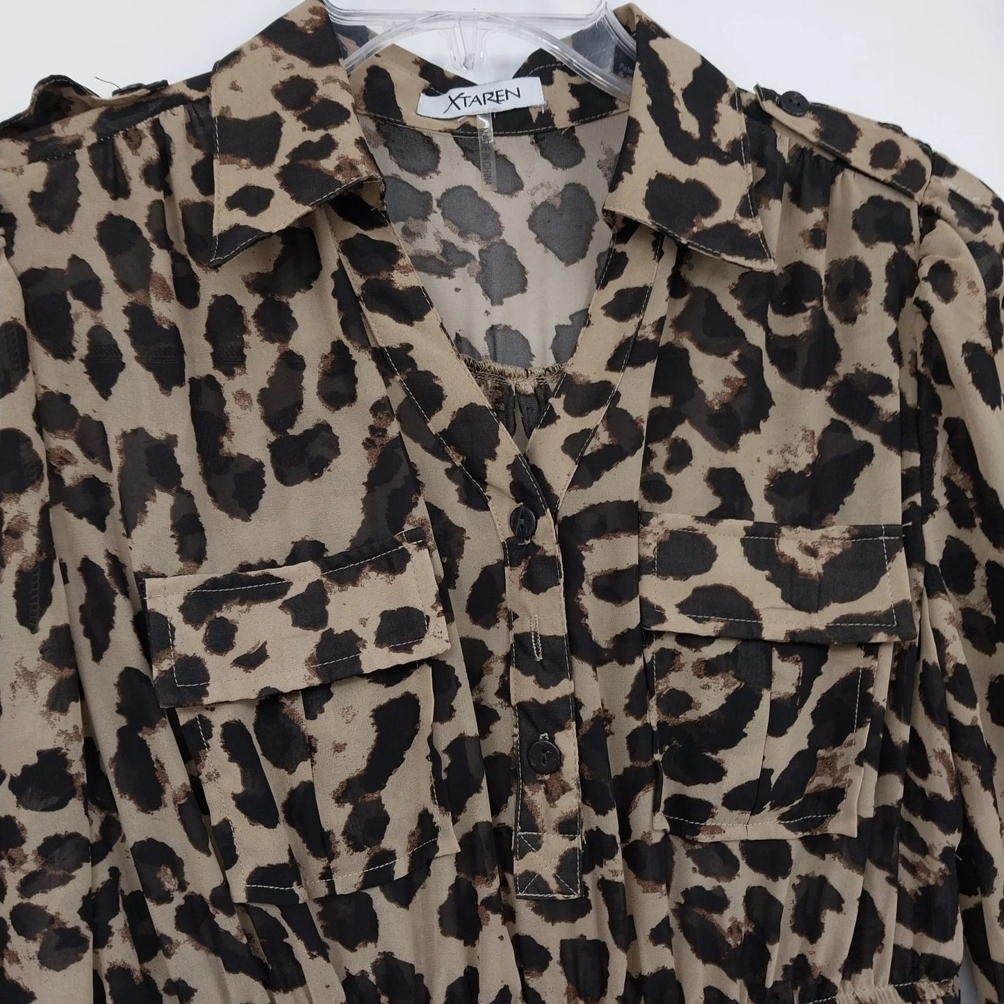 Xtaren Women's Leopard Print Sheer Pleated Mini Shirt Dress Long Sleeve Small