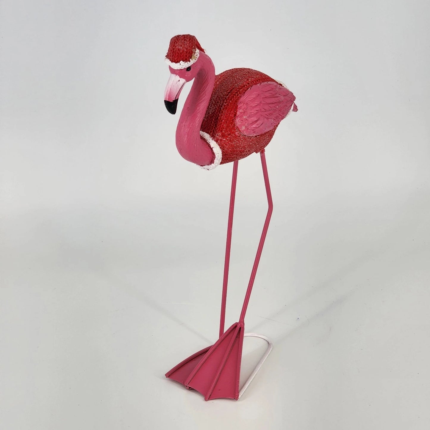 Christmas Flamingo Figurine 11" Resin & Wire Pink Holiday Decor Knit Coat & Hat