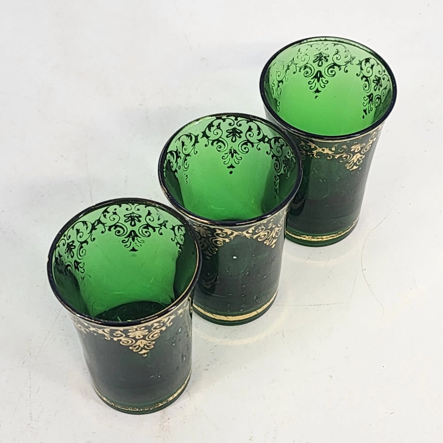 DFP Italian Emerald Green Shot Glasses Set 3 Gold Trim 2.75" Mid Century Barware