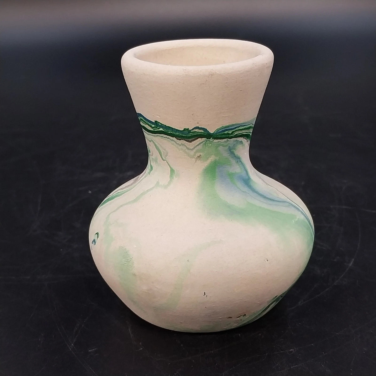 Nemadji Pottery Green Gray Swirl Bud Vase 3.5" USA Vintage