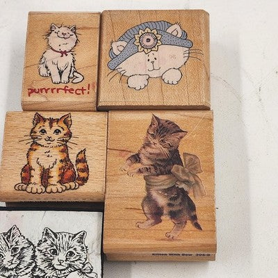 5 Wood Rubber Stamps Cats Theme Kitten w Bow Purrrfect Peeking Sabrina