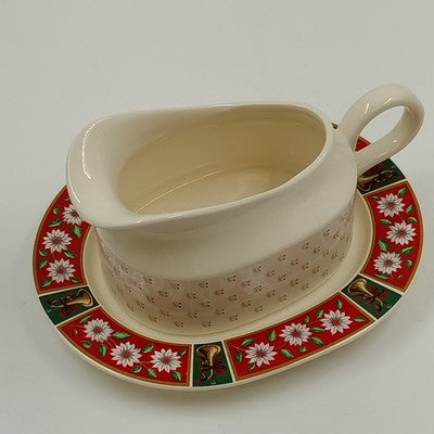 Charlton Hall Christmas Gravy Boat & Saucer Classic Traditions Ceramic Crazed