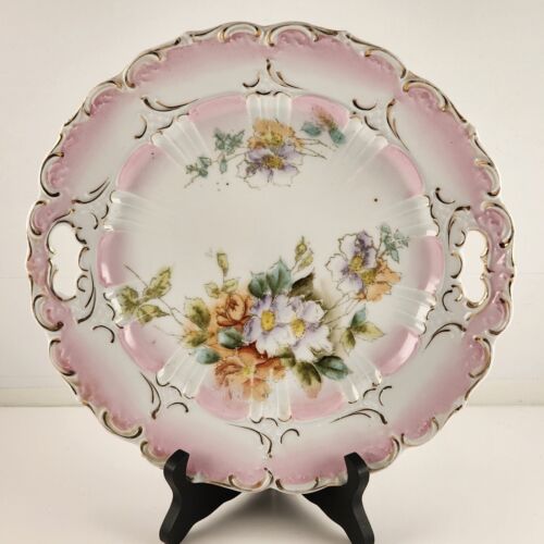 Bavarian 11" Pink White Serving Plate Handle Floral Embossed Scalloped Gold Gilt