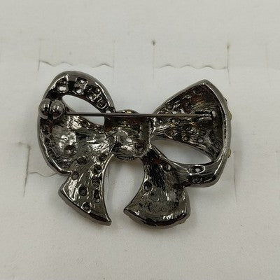 Silver Tone Black & Clear Faceted Rhinestones Bow Ribbon Design Brooch/Pin