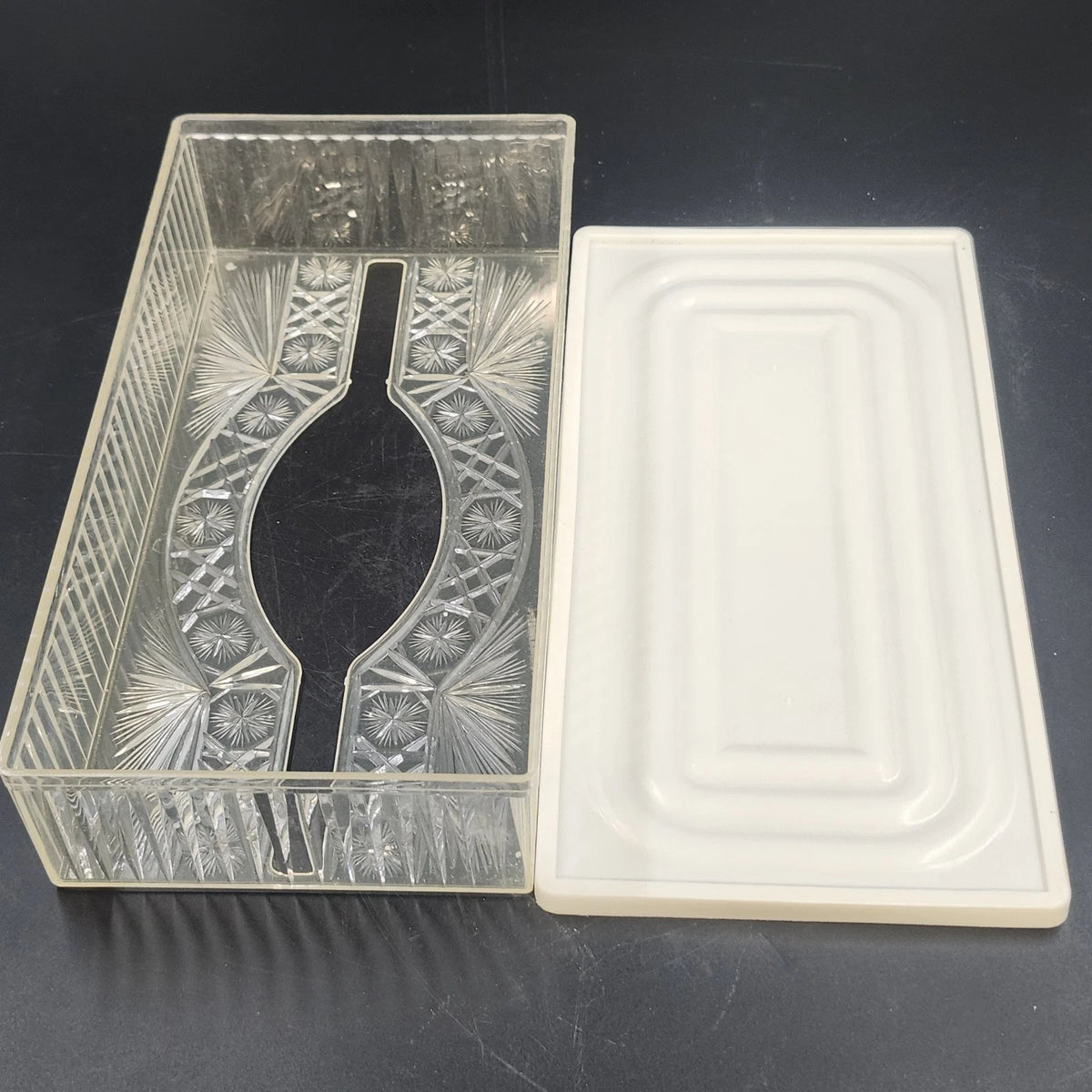 Clear Acrylic Lucite Tissue Box Cover Starburst Diamond 10.5" White Base MCM Vtg