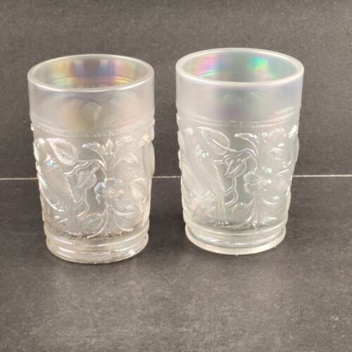 2 Imperial Robin Bird Tumblers Icy White Iridescent Carnival Glass Embossed 8 oz