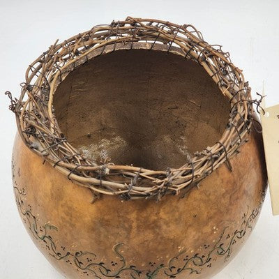 Sun Dried Gourd Bowl Carved Floral The Wild Gourd Studio Lacy Vine Rim 10"x7.5"h