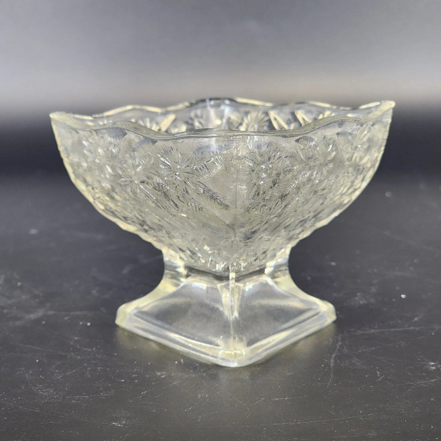 Indiana Compote Pedestal Candy Dish Clear Glass Pineapple & Floral Diamond 6.5"