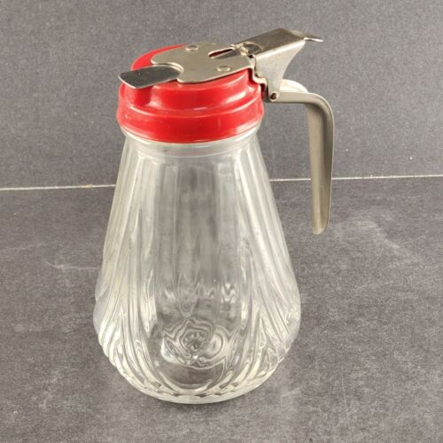 Vintage Diner Style Syrup Dispenser Glass Base Melmac Lid Stainless Steel Handle
