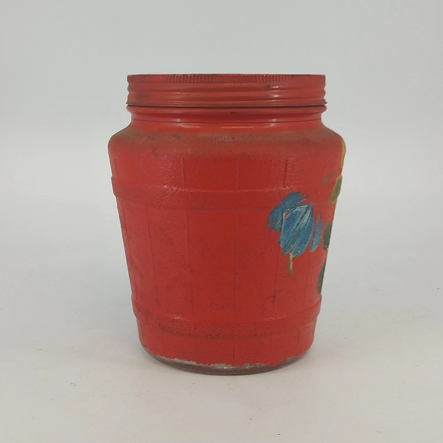 Ransburg Hand Painted Floral Cookie Cracker Jar Glass Metal Lid Folk Art