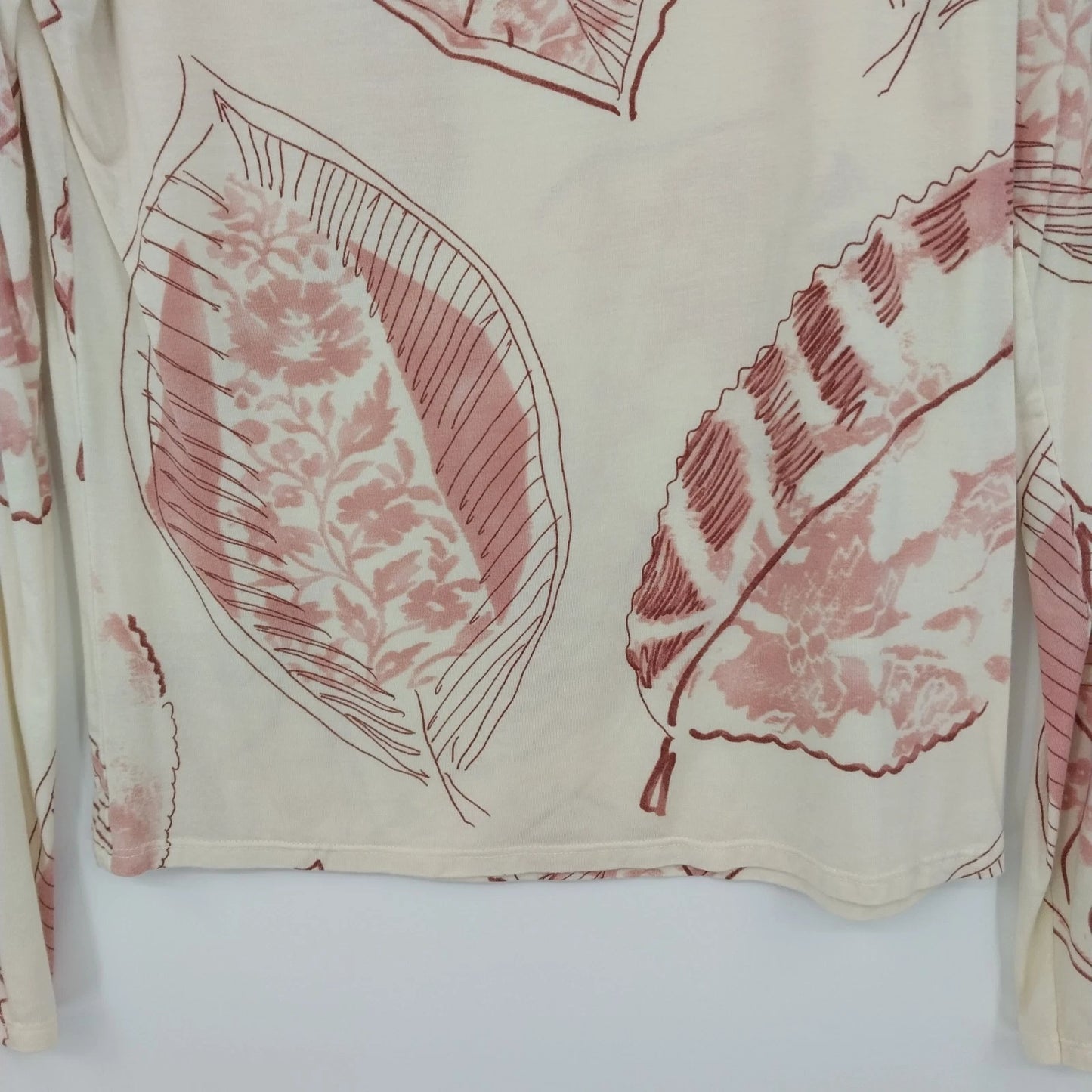 Womyn Cream Pink Botanical Leaf Print Top Women's XS Stretch Knit Long Sleeve