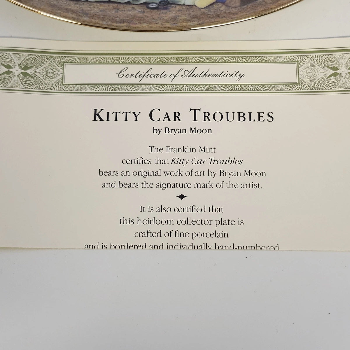 Franklin Mint Kitty Car Troubles Bryan Moon Porcelain Plate Limited Edition COA