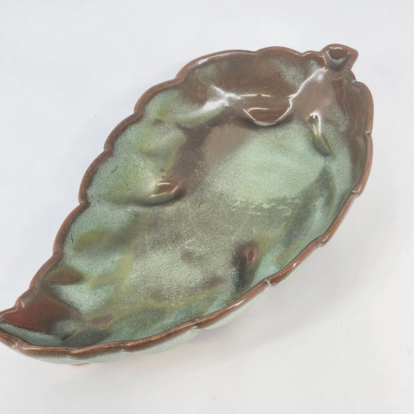 Frankoma Pottery Prairie Green Leaf Dish 225 Footed Serving Tray Oklahoma Clay