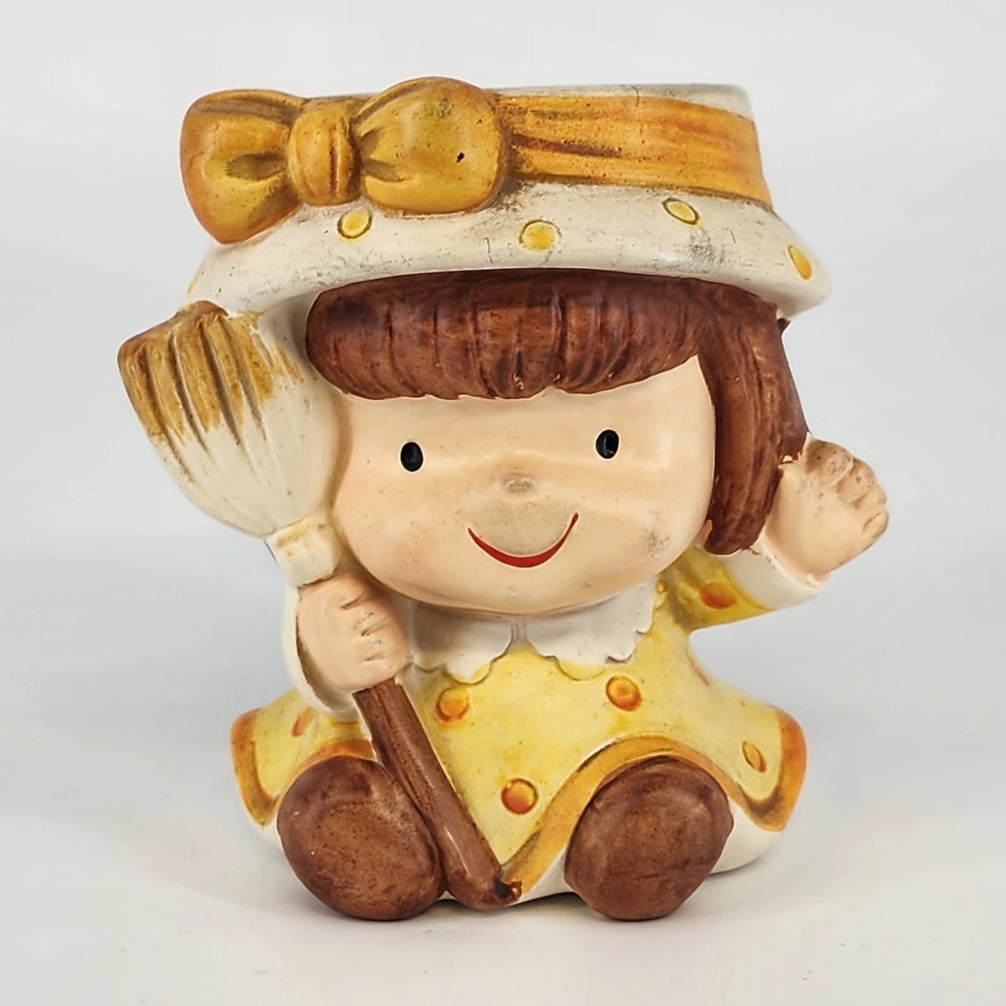 Inarco Planter Little Girl & Broom Ceramic Vase Japan E-2495 Kitsch 1960's Vtg