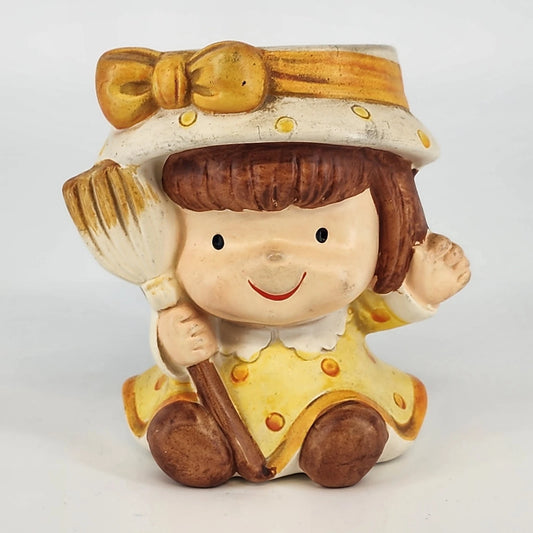 Inarco Planter Little Girl & Broom Ceramic Vase Japan E-2495 Kitsch 1960's Vtg