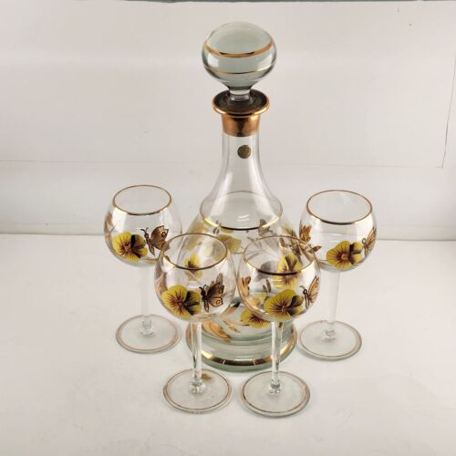 Romanian Wine Decanter Lid & 4 Stemmed Glasses Hand Painted Pansies Butterflies