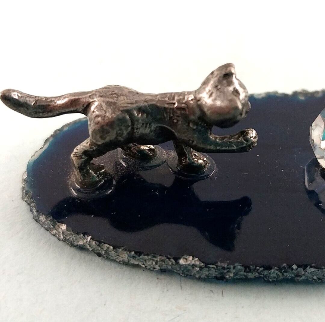 Pewter Cats Crystal Ball on Agate Geode Blue Figurine Natural Stone 2.75"