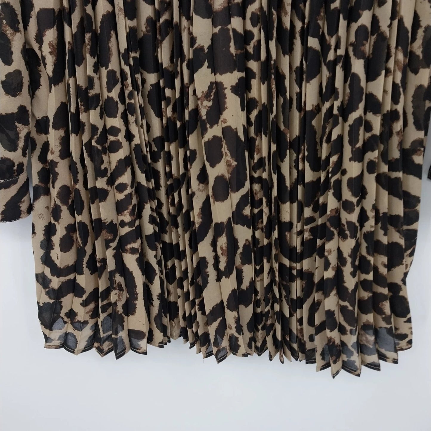 Xtaren Women's Leopard Print Sheer Pleated Mini Shirt Dress Long Sleeve Small