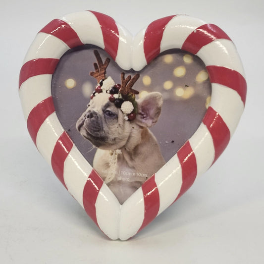 Isaac Jacobs Heart Photo Frame 5" Candy Cane Red White Christmas Holiday China