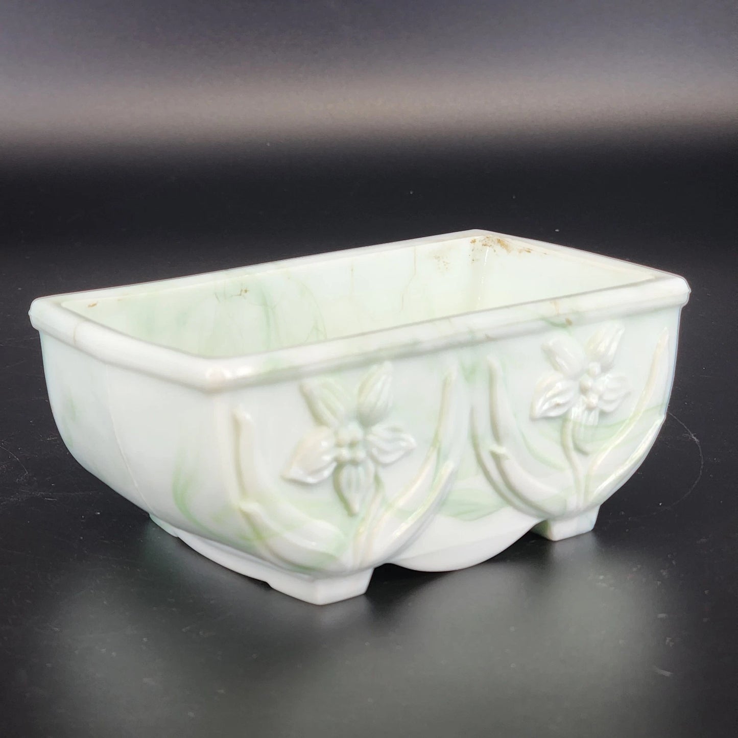 Akro Agate Slag Glass Planter Green White Marble Daffodil Floral Dish 1940's Vtg