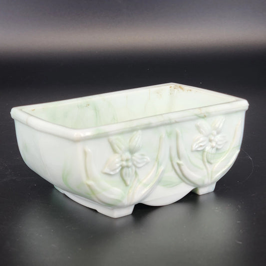 Akro Agate Slag Glass Planter Green White Marble Daffodil Floral Dish 1940's Vtg