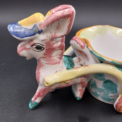 Italian Multicolor Ceramic Donkey Pulling Cart Planter Hand Painted Signed Italy