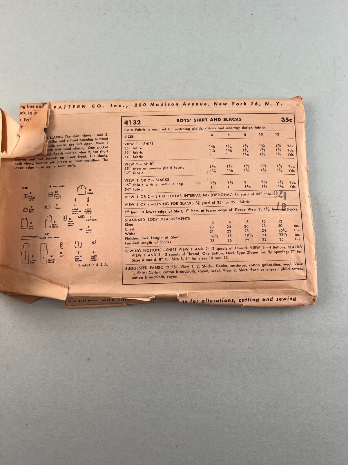 Simplicity 4132 Vintage Sewing Pattern 1940's Boys 2 Button Shirt and Slacks 6