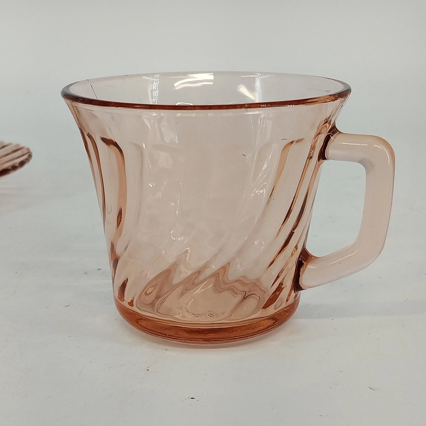 Fortecrisa Pink Swirl Ribbed Glass Cup & Saucer Set MCM Tableware Mexico Vtg