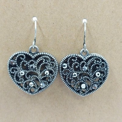 Silver Tone Pierced Earrings Marcasite Filagree Heart Dangle Drop Hook Closure