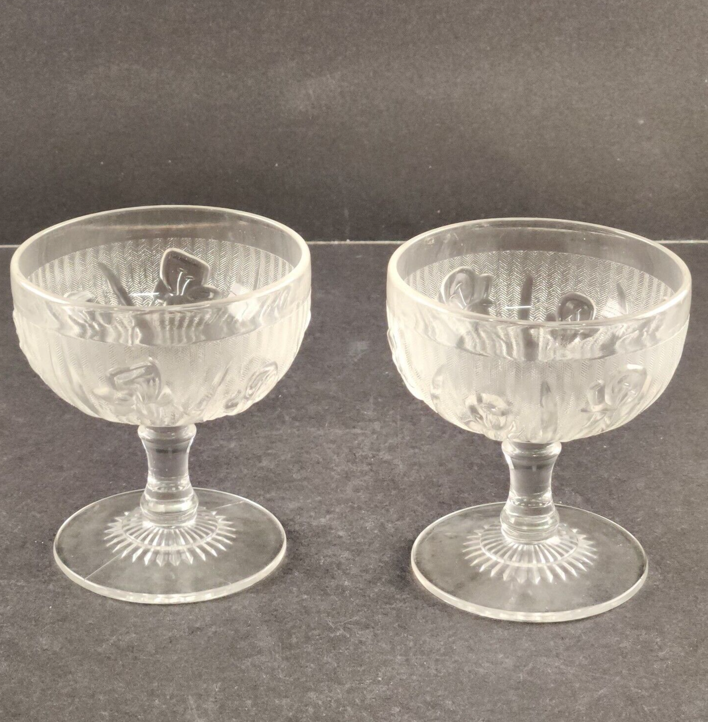 2 Jeanette Glass Iris & Herringbone Clear Stemmed Sherbet or Dessert Bowls