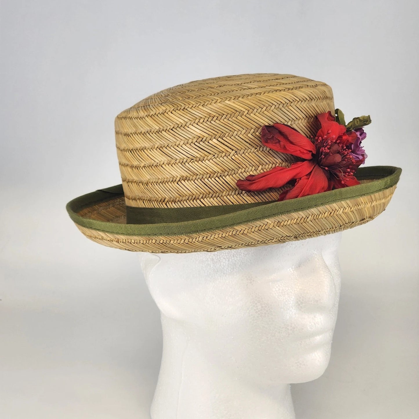 Vintage Straw Boater Hat Green Band Red Flower Ted Jacobs Box