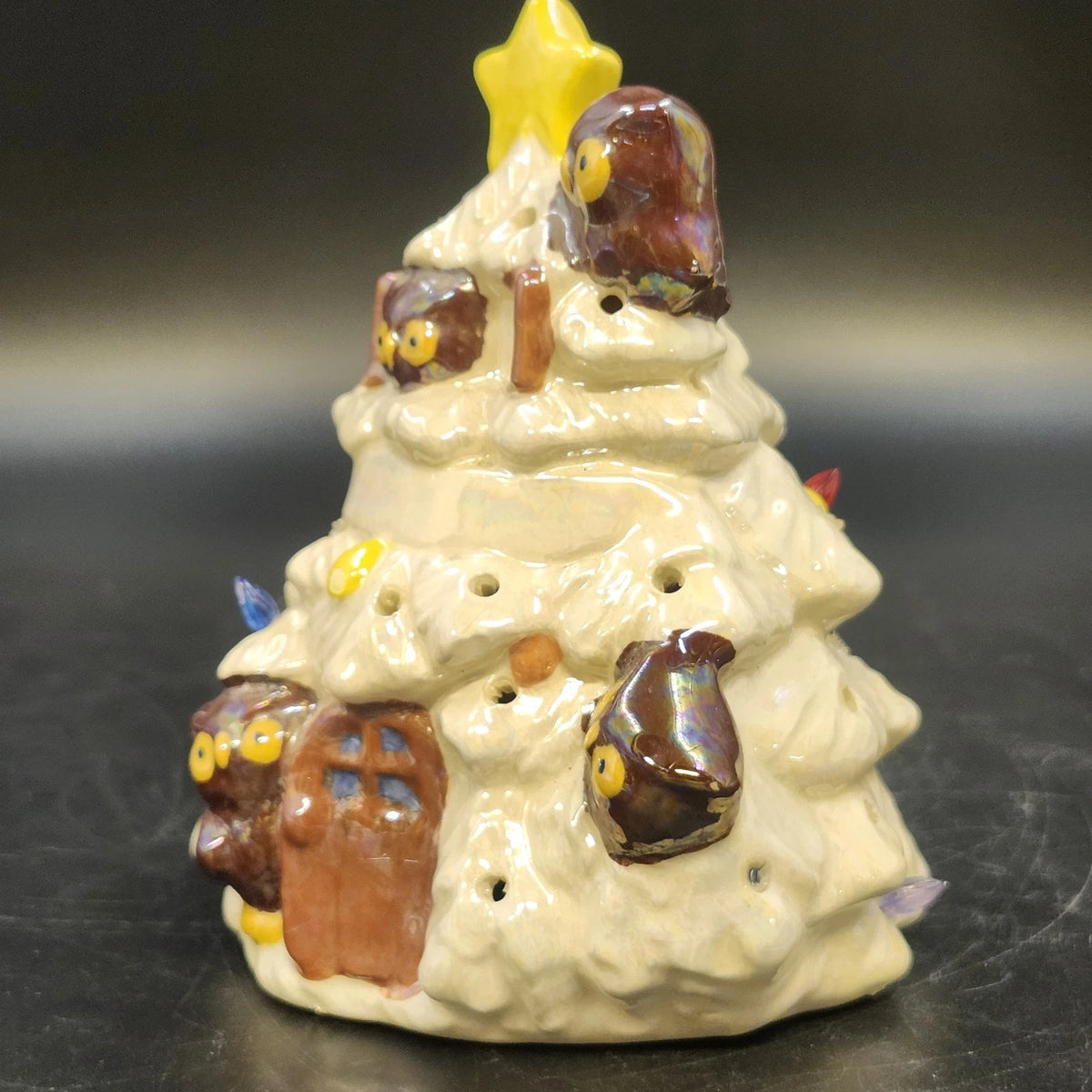 Ceramic Christmas Tree Owl Figurine Iridescent Glaze Light Holes Star on Top 5"