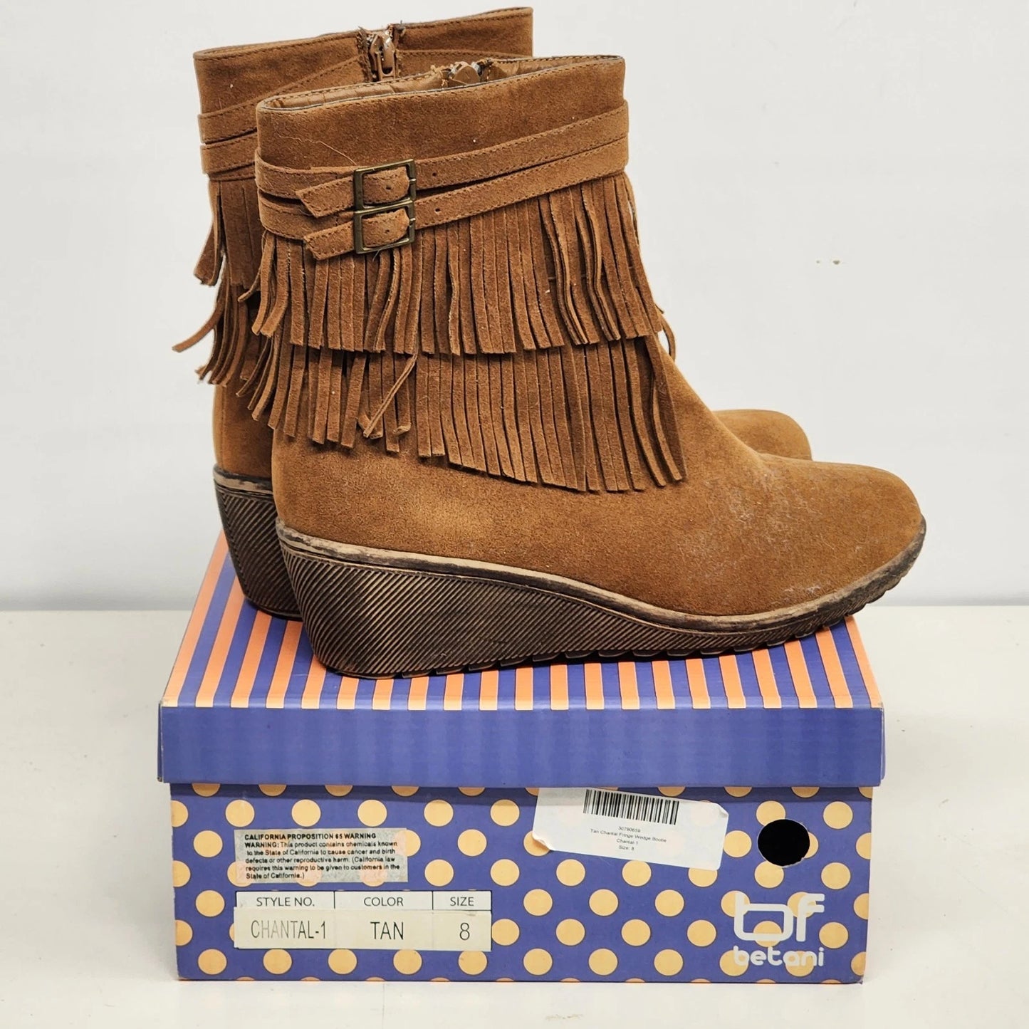 Betani Chantal-1 Fringe Wedge Boots Tan Suede Boho Women’s 8.5 Ankle Booties