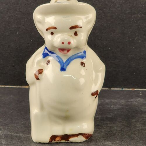 Smiley Farmer Pig Salt Pepper Shakers 1940's Shawnee Ceramic 3.5"h Vintage