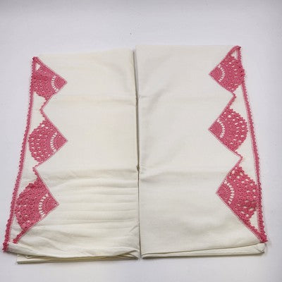 Queen Size Linen Bed Pillow Cases Hand Crocheted Pink Turn of the Century 32.5"