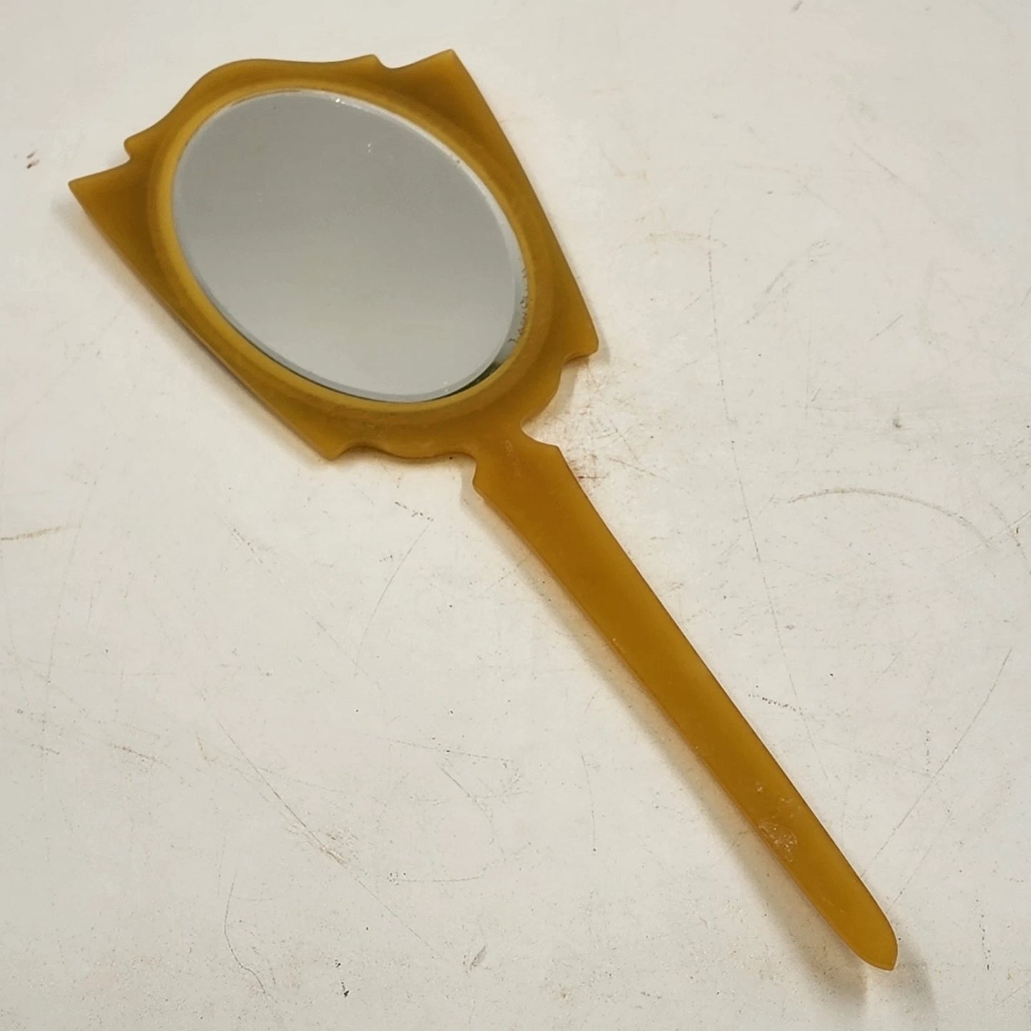 Bakelite Celluloid Hand Vanity Mirror 15" Long Butterscotch Lady Image Art Deco