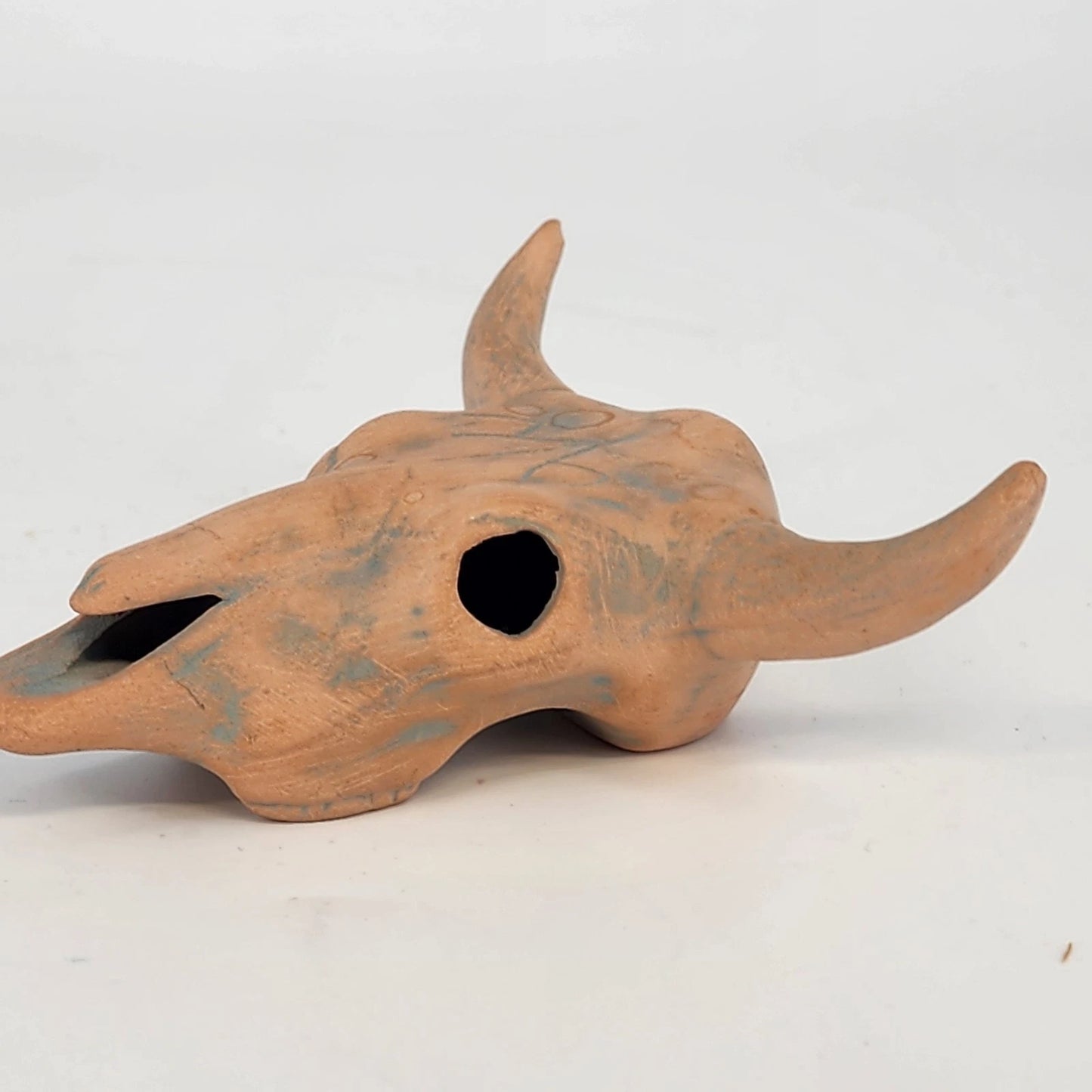 Handcrafted Ceramic Steer Skull 4" Orange Blue Glaze Bull Horns Folk Figurine