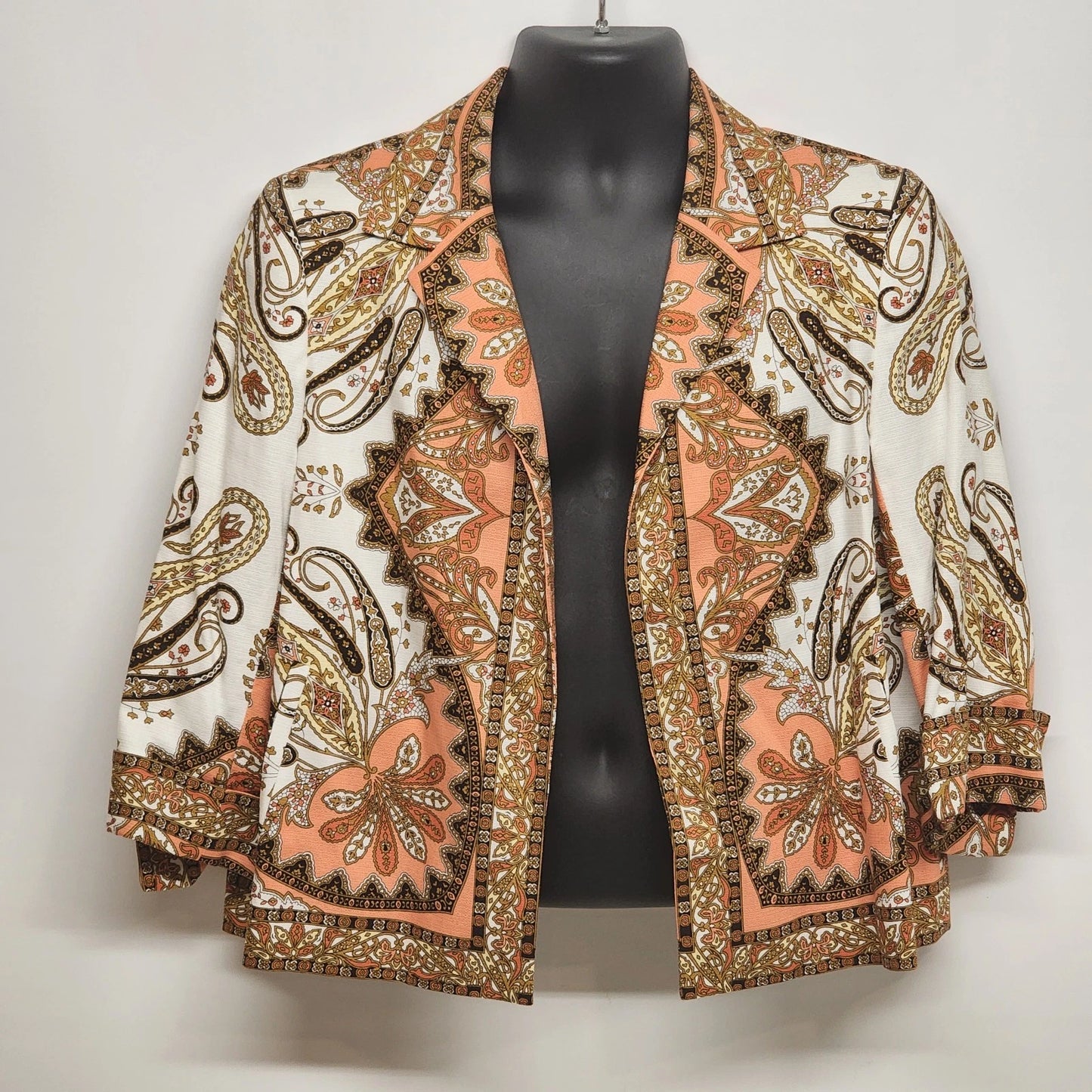 Talbots Women’s 16P Cotton Jacket Orange Paisley Floral Open Front 3/4 Sleeve
