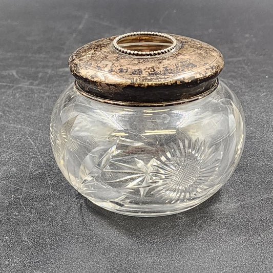 Antique Cut Crystal Hair Receiver Jar Silver Plate Lid 1920 Victorian Era
