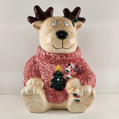 Reindeer Christmas Cookie Jar Hand Decorated Vintage 1996 Jay Imports 12" Tall