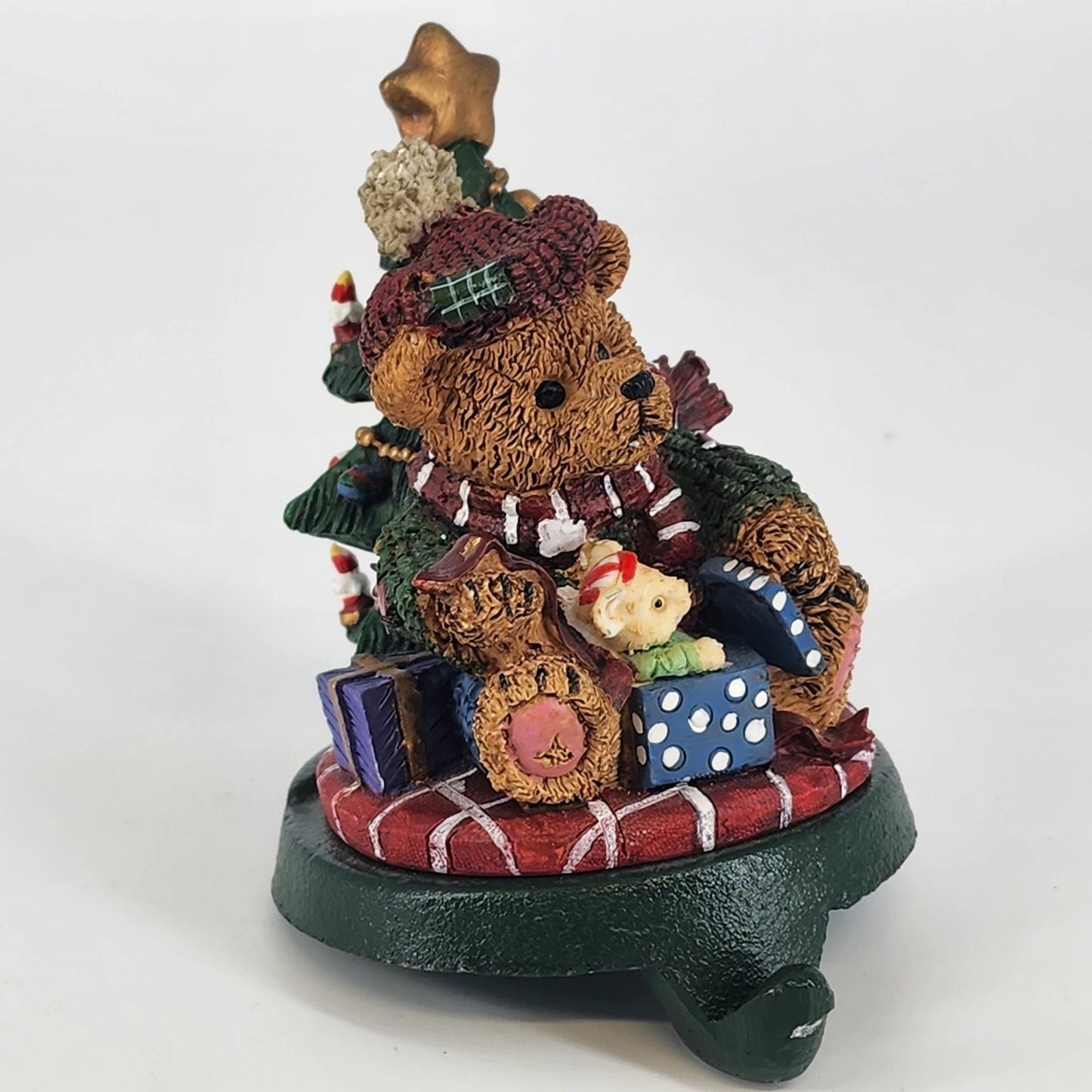 Christmas Stocking Holder Granduer Noel Bear & Tree Cast Iron Base Figural 4.75"
