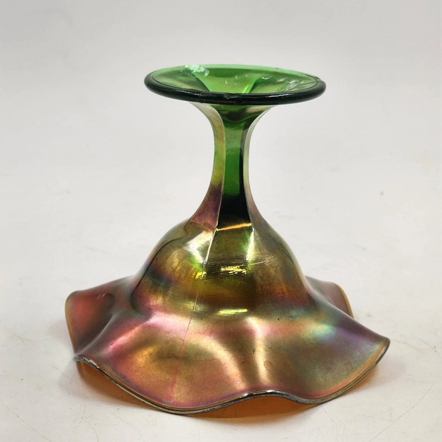 Northwood Carnival Glass Green Smooth Ray Compote Dish Ruffled Iridescent 1908