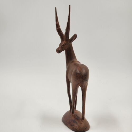 Wooden Hand Carved Antelope Figurine Gazelle Natural Smooth Finish on Base 8.5"