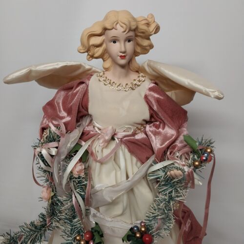 26" Holiday Workshop Christmas Angel Decoration Pink White W/ Garland Vintage